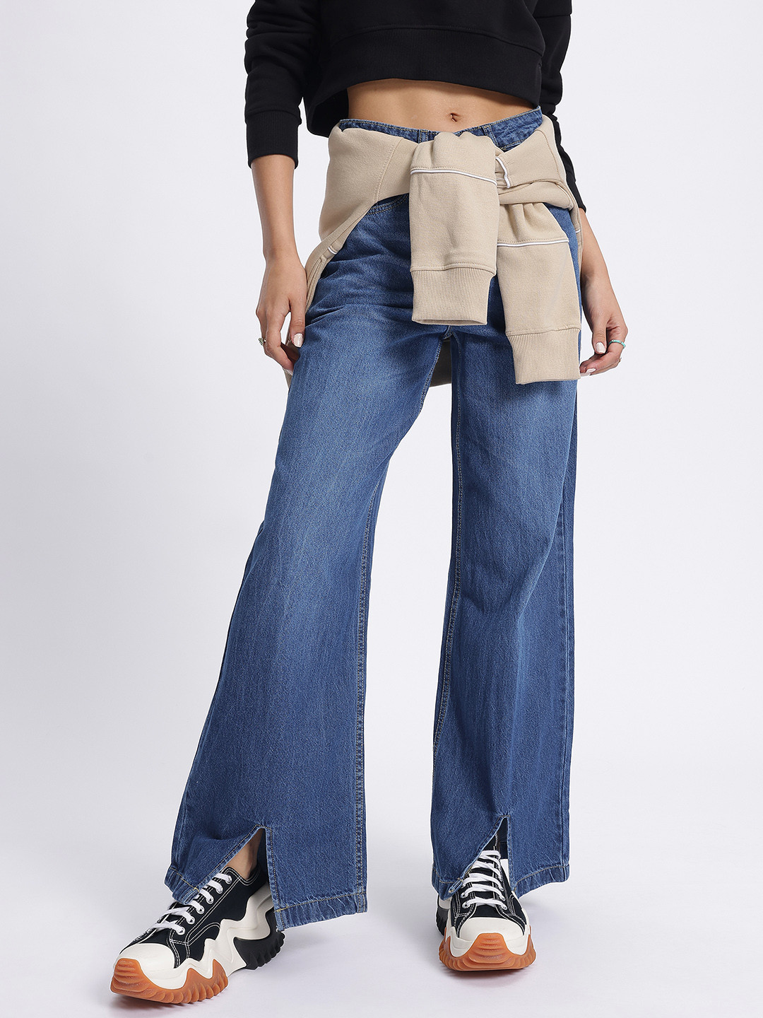 glitchez Women Slit Hem Baggy Wide Leg Jeans