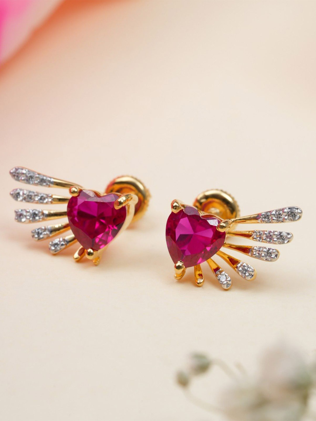 Orebella 925 Sterling Silver Gold Plated Stones And Ruby Studded Heart Shaped Studs