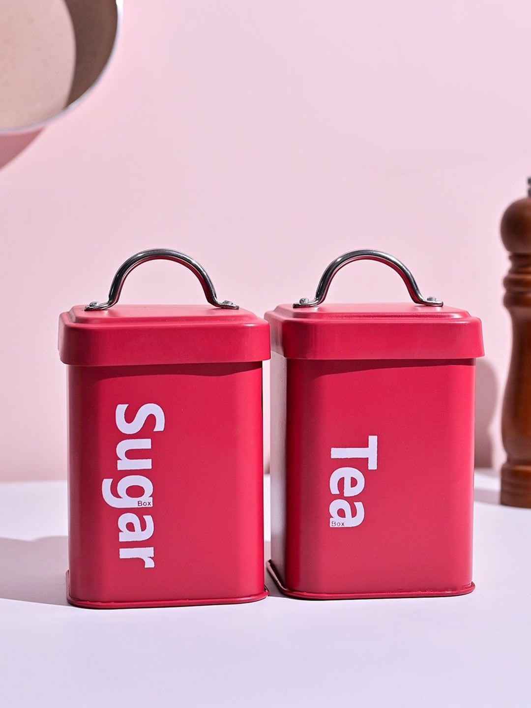 Market99 Red Typography Metal Easy To Clean 2 Piece Flip Top Canister-1L