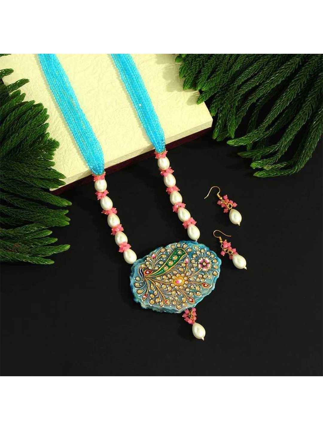 Aurum & You Stone Studded & Beaded Peacock Style Jewellery Set