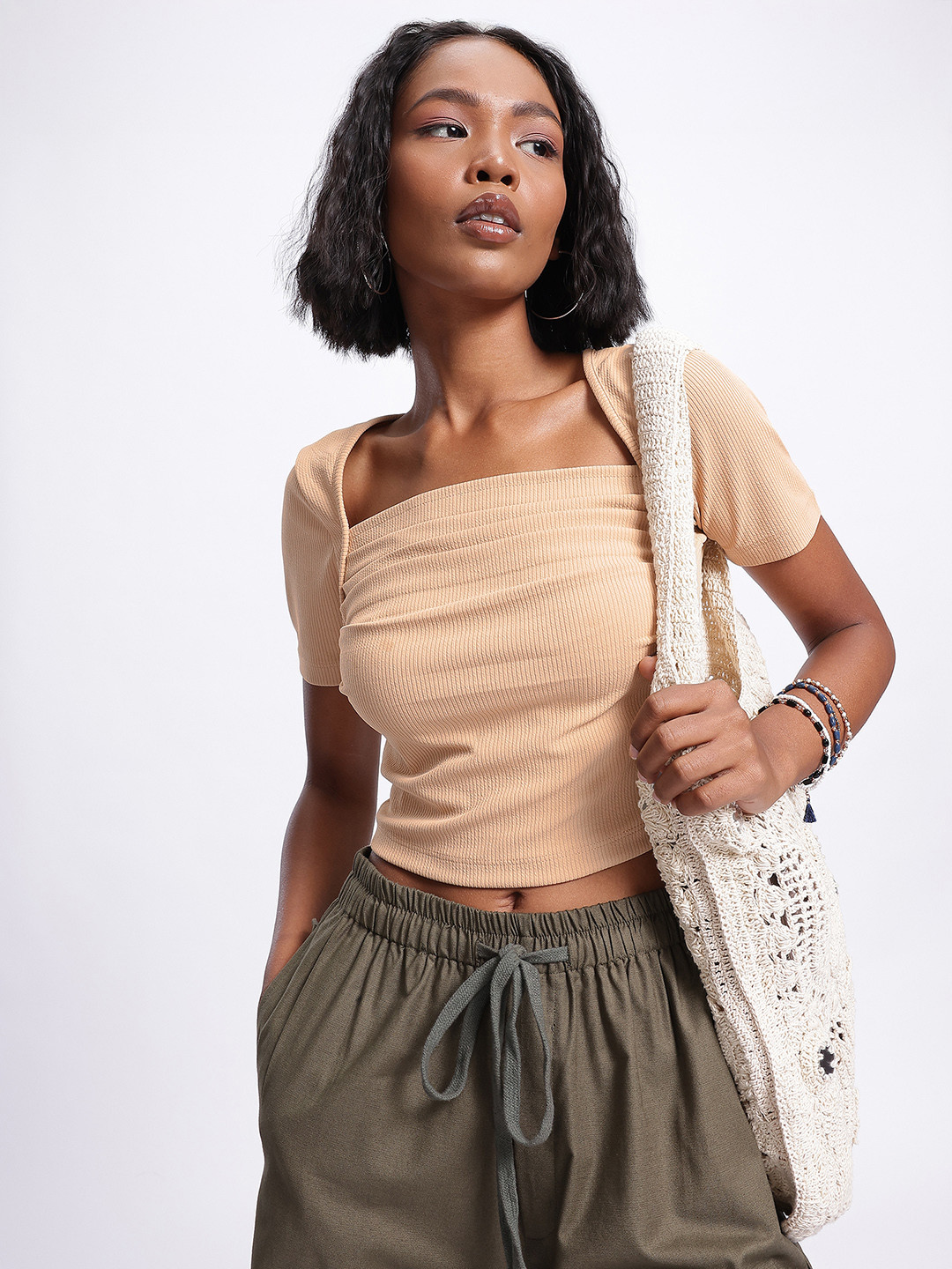 glitchez Ribbed Textured Pleated Crop Top