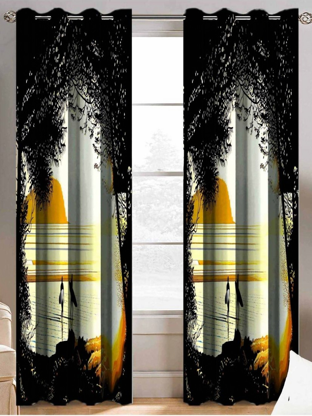 Aura White & Black 2 Pieces Floral Printed Window Curtains