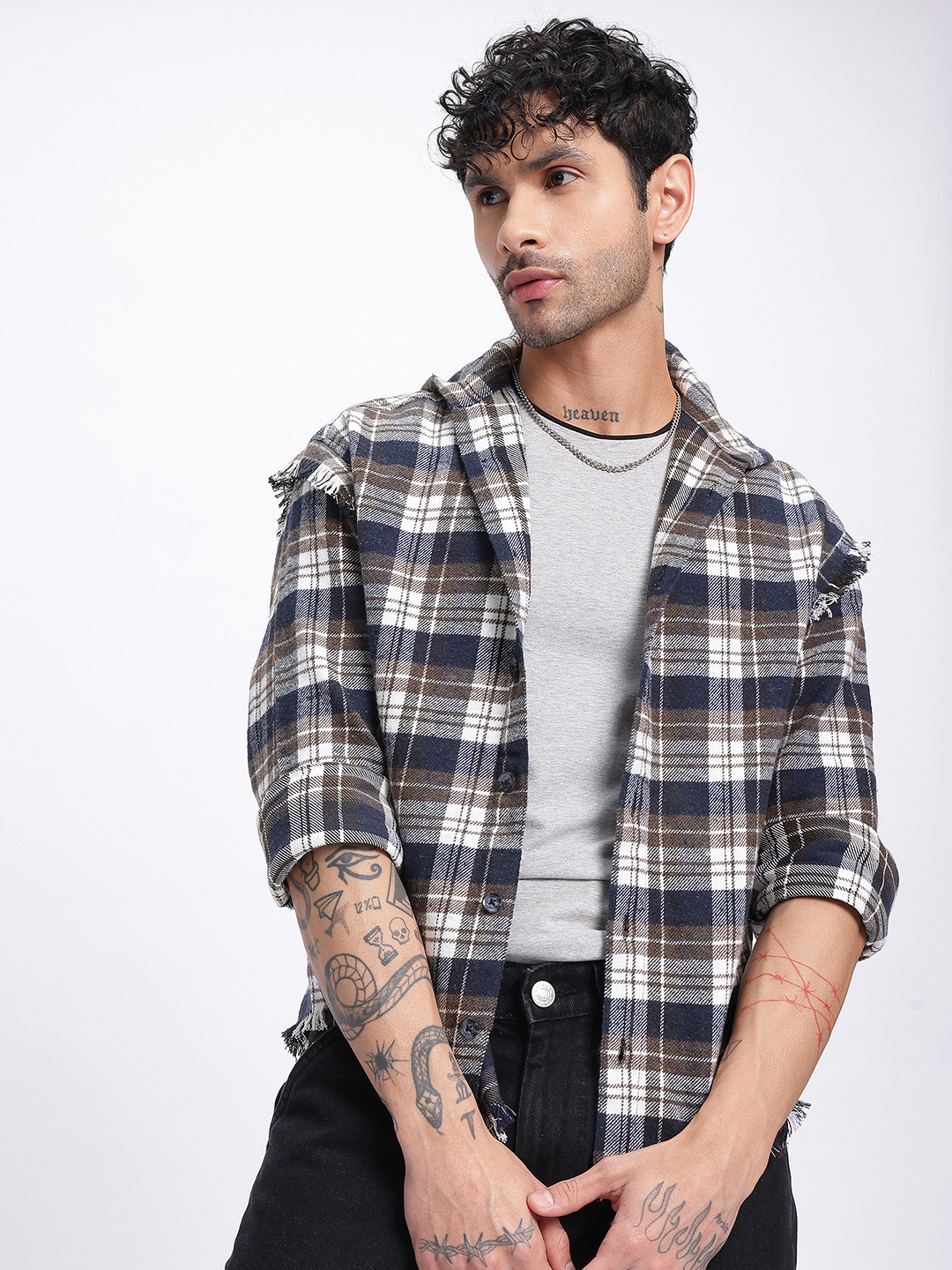 glitchez Frayed Checkered Hooded Flannel Shirt