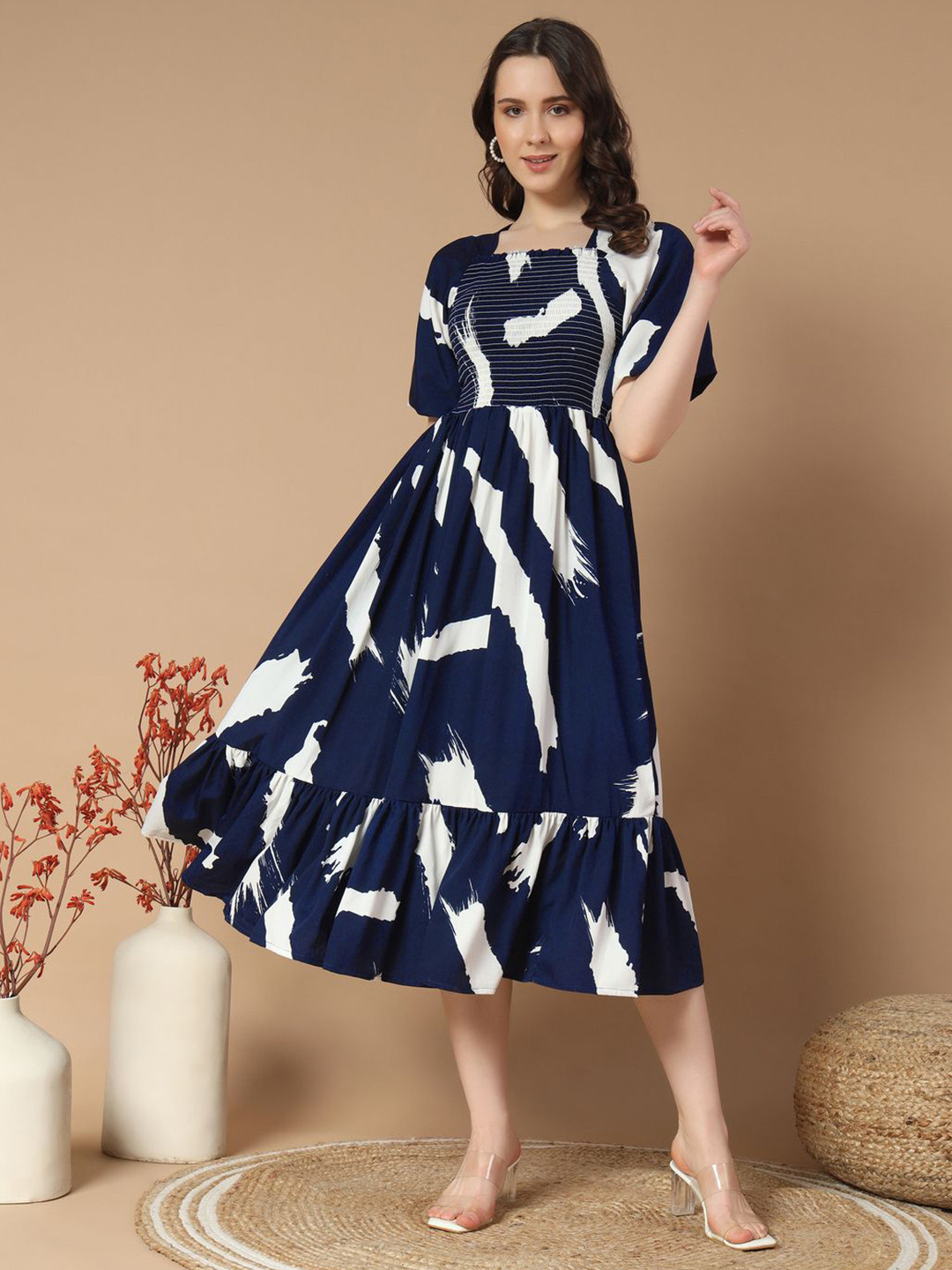 LookShine Print Puff Sleeve A-Line Midi Dress