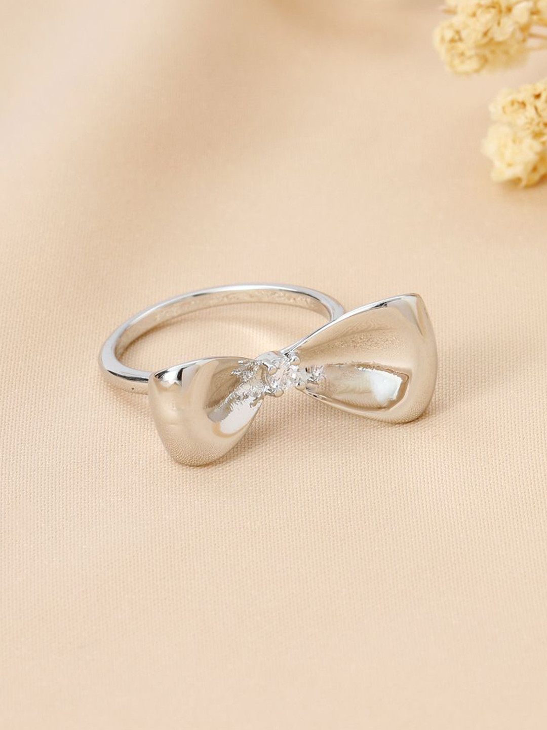 SALTY Silver-Plated Bow Studded Ring For Women & Girls Stylish Adjustable Finger Ring