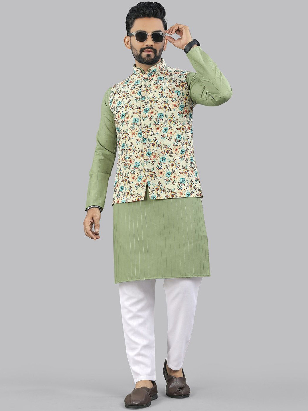 Leipzig Fashion Men Floral Printed Kurta with Pyjama Nehru Jacket