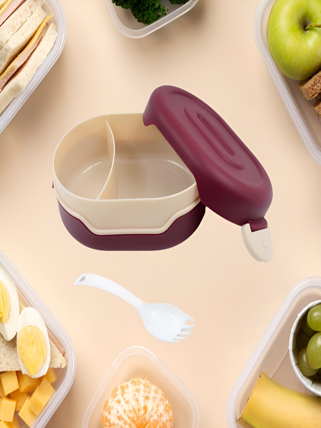 DeoDap 12041_2 Maroon Solid Plastic Easy to Clean 1PCs Lunch Box With Spoon and Fork