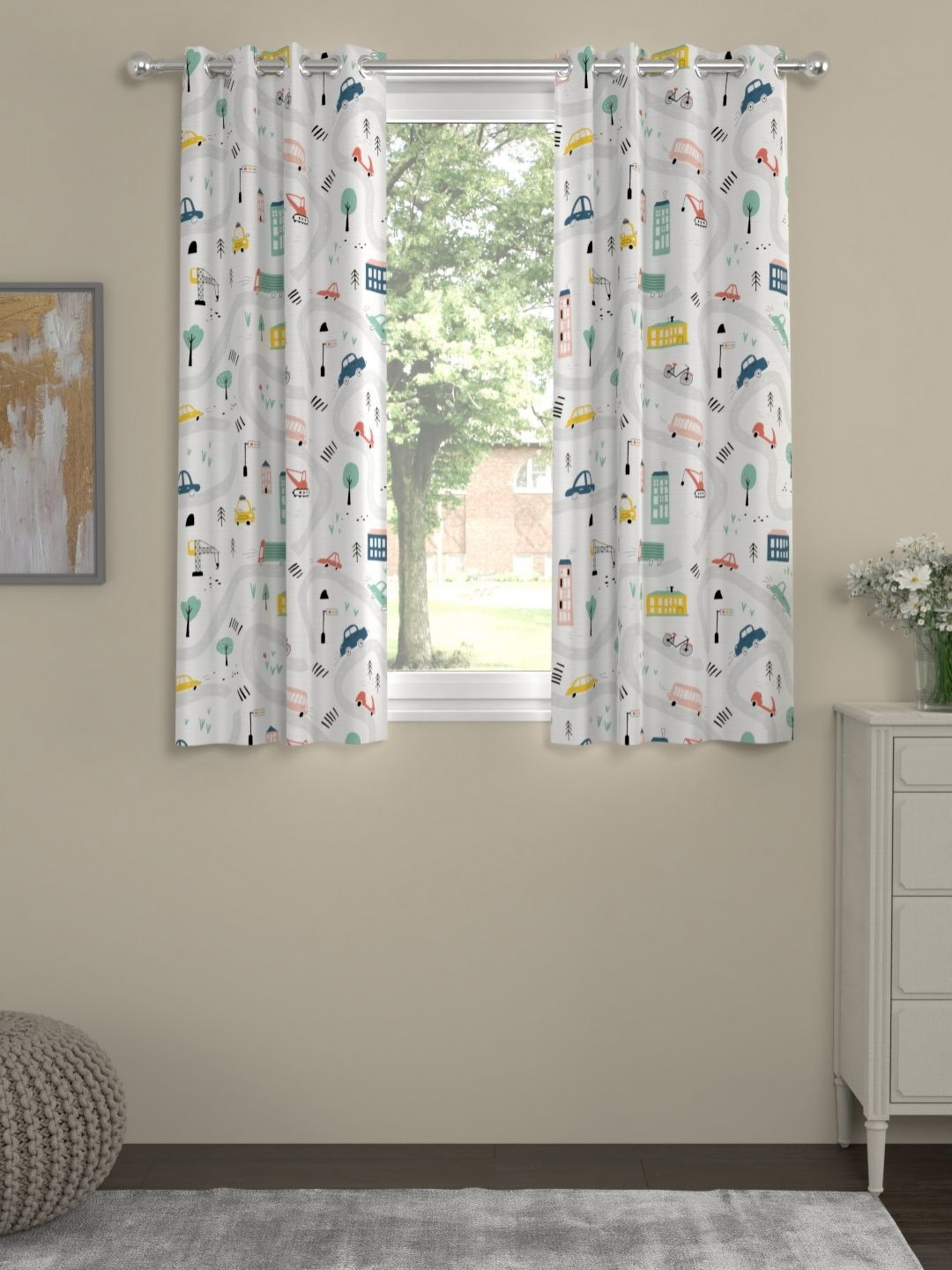 Myntra Elegant Homes White & Green Set of 2 Quirky Window Curtain