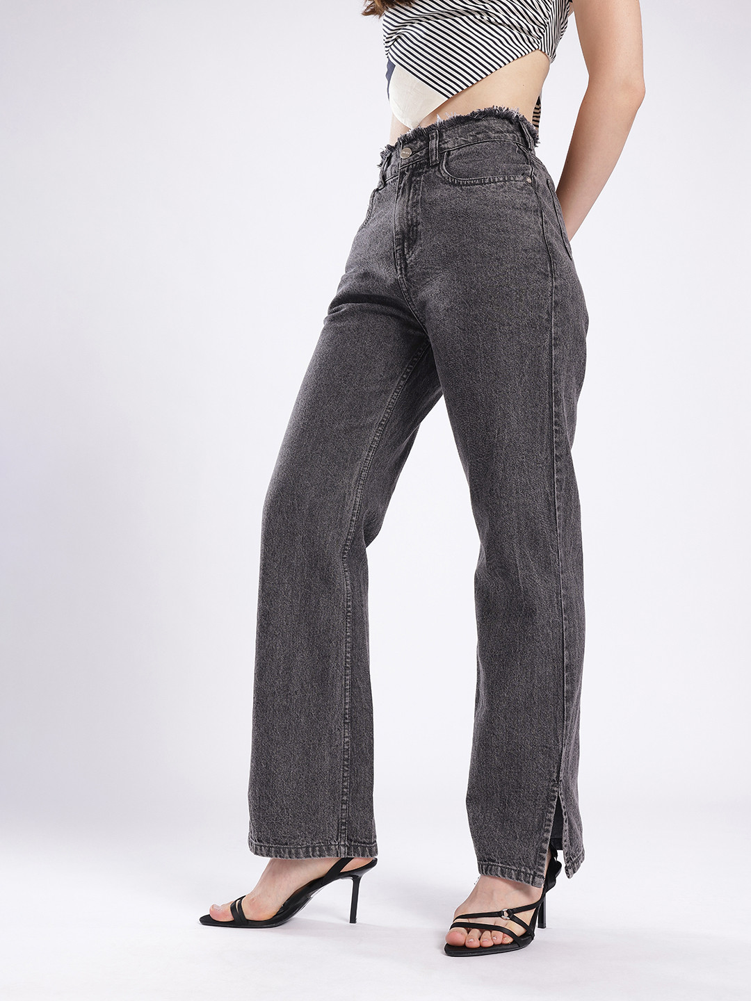 glitchez Women Slit Straight Fit High-Rise Light Fade Jeans