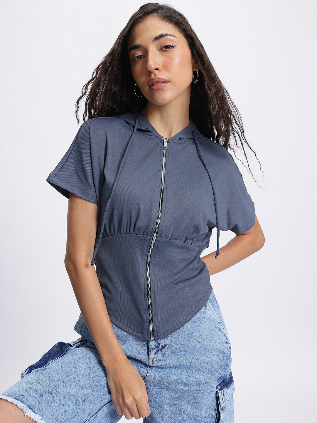 glitchez Hooded Extended Sleeves Zipper Top