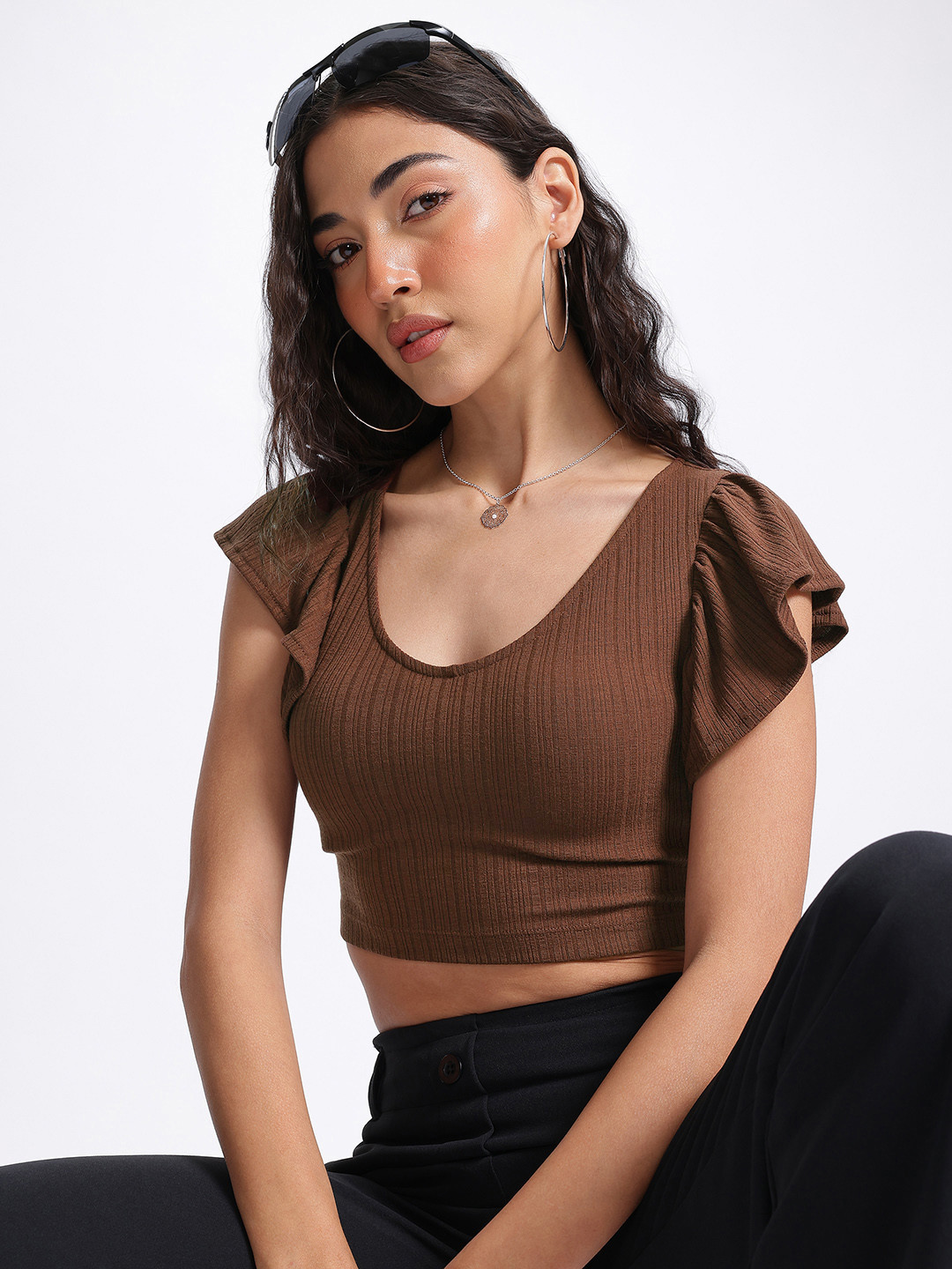 glitchez Edgy Rib Knit Flutter Sleeve Crop Top