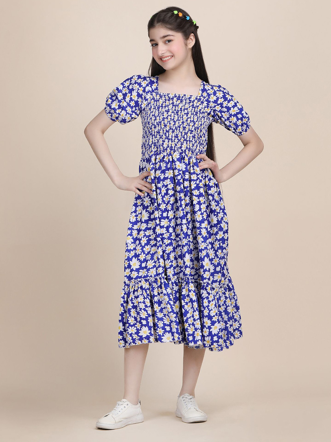 PaheliRani Girls Floral Puff Sleeve Crepe Fit & Flare Midi Dress