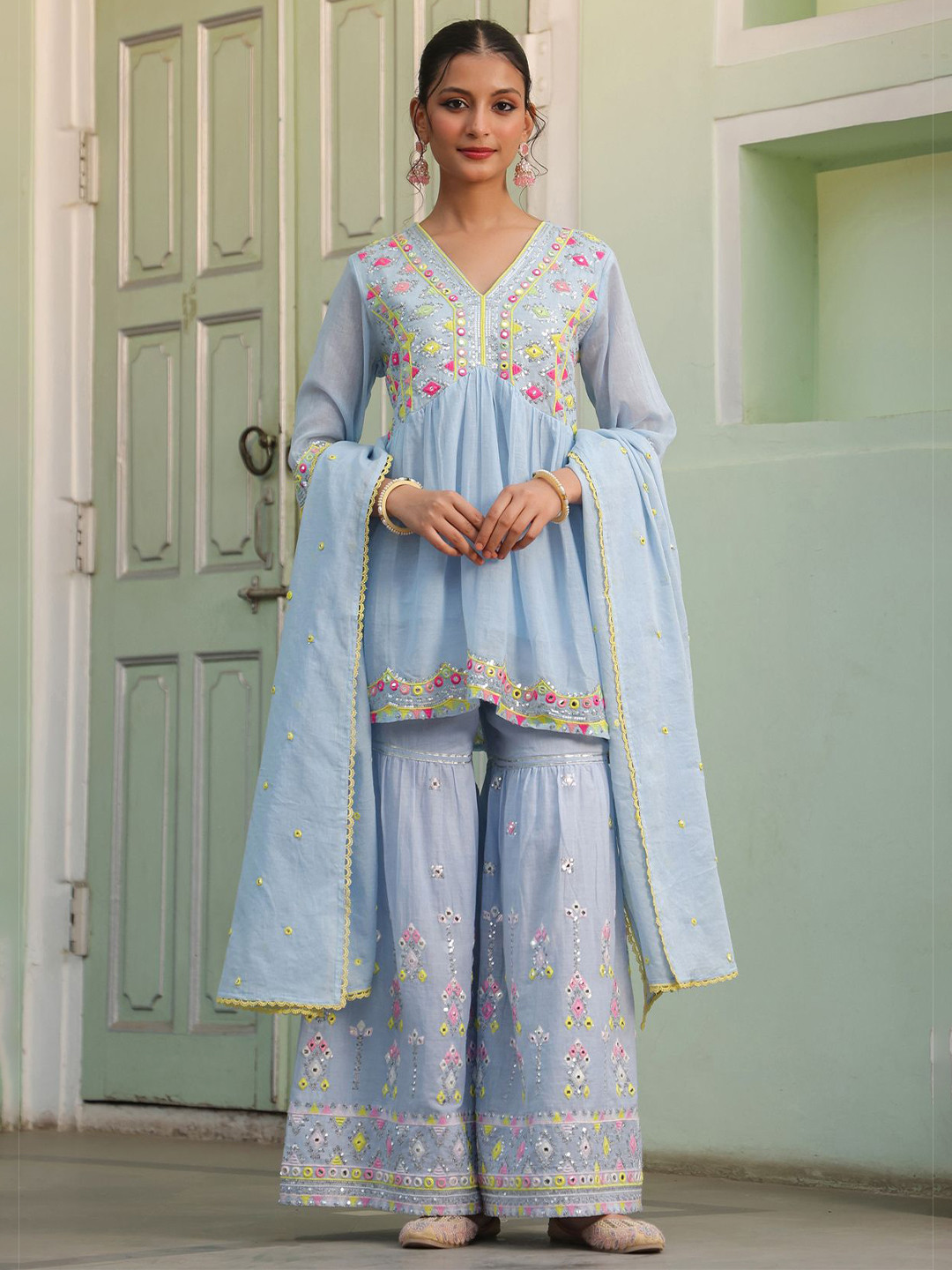 SCAKHI Women Mulmul Mirror & Sequin Embroidered Kurta Sharara & Dupatta Set