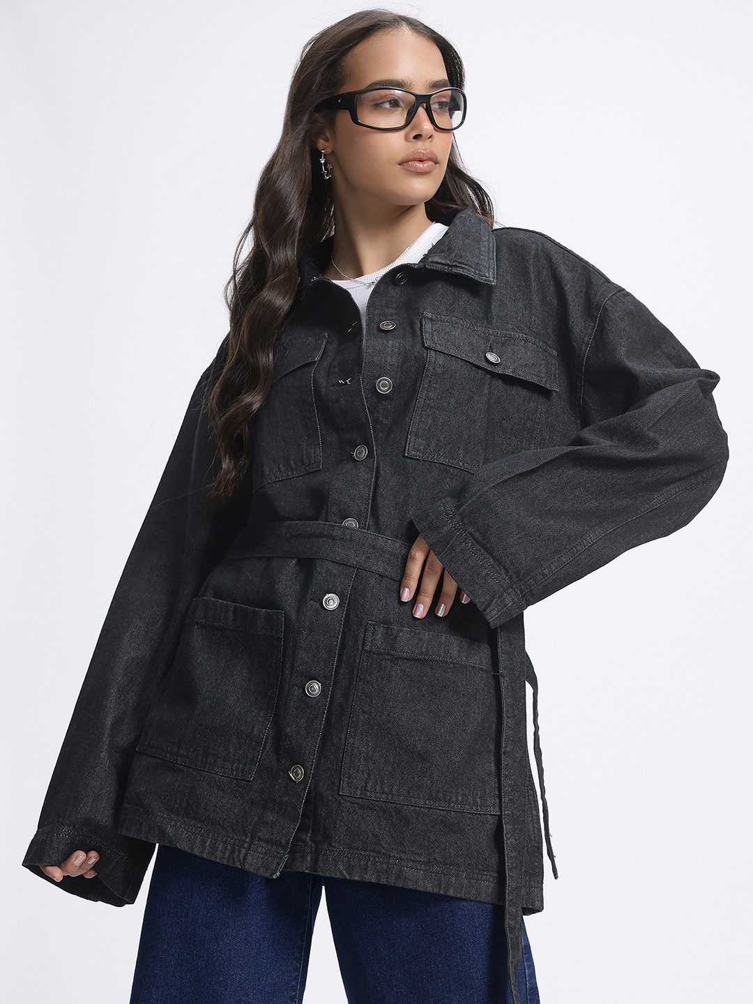 glitchez Inked & Iconic Longline Denim  Jacket Comes With a Belt