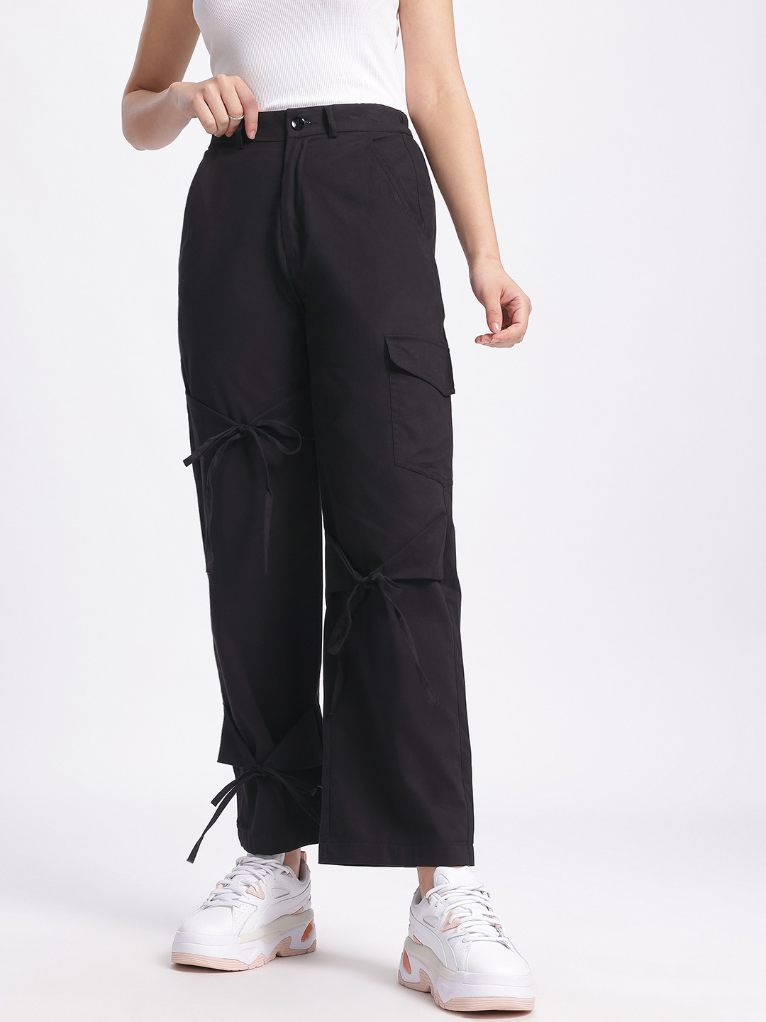 Glitchez Women Relaxed Fit Cargo Trousers with Bow Detail