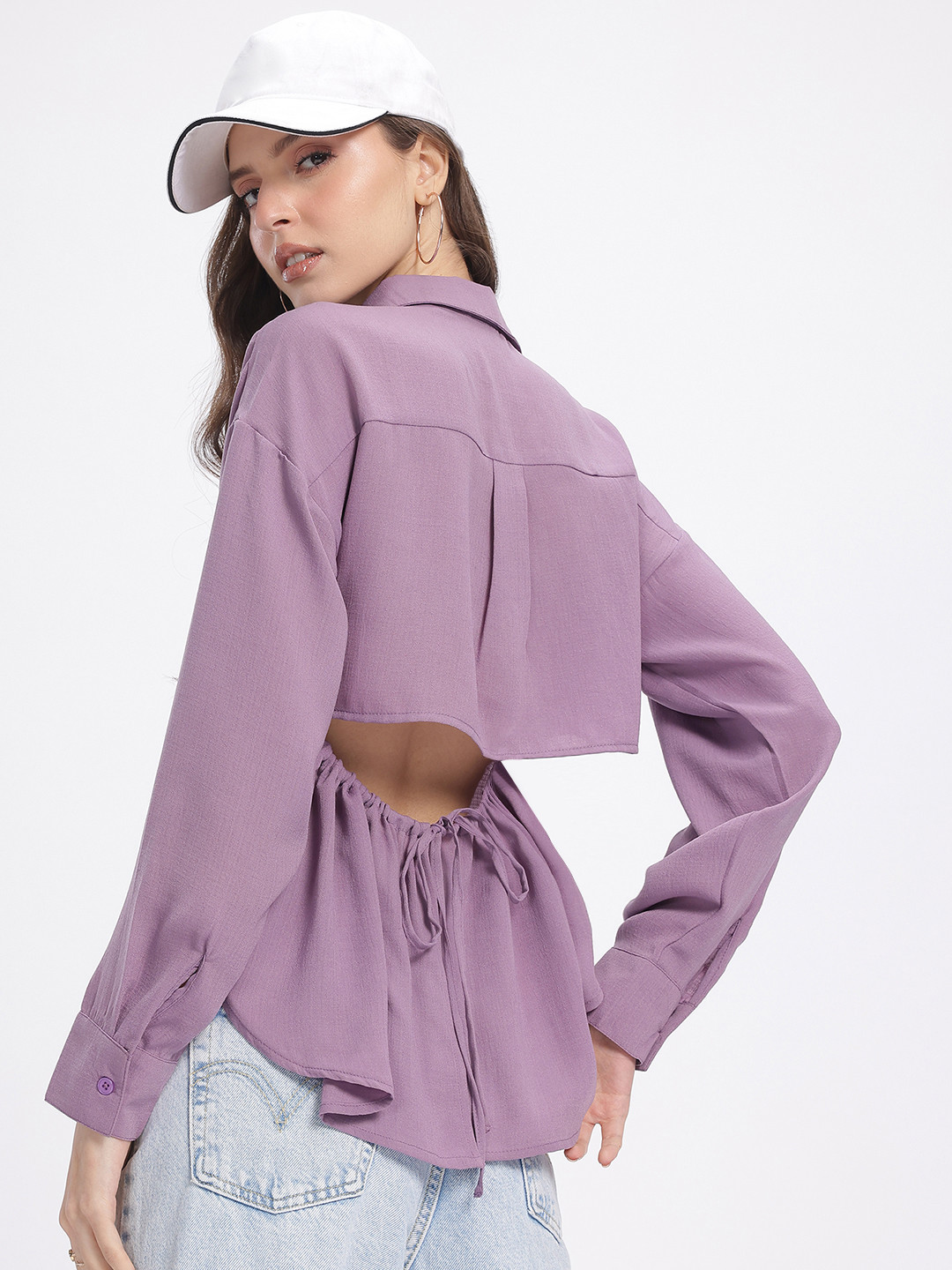 glitchez Back Cut-Out Tie-Up Relaxed Shirt Style Top