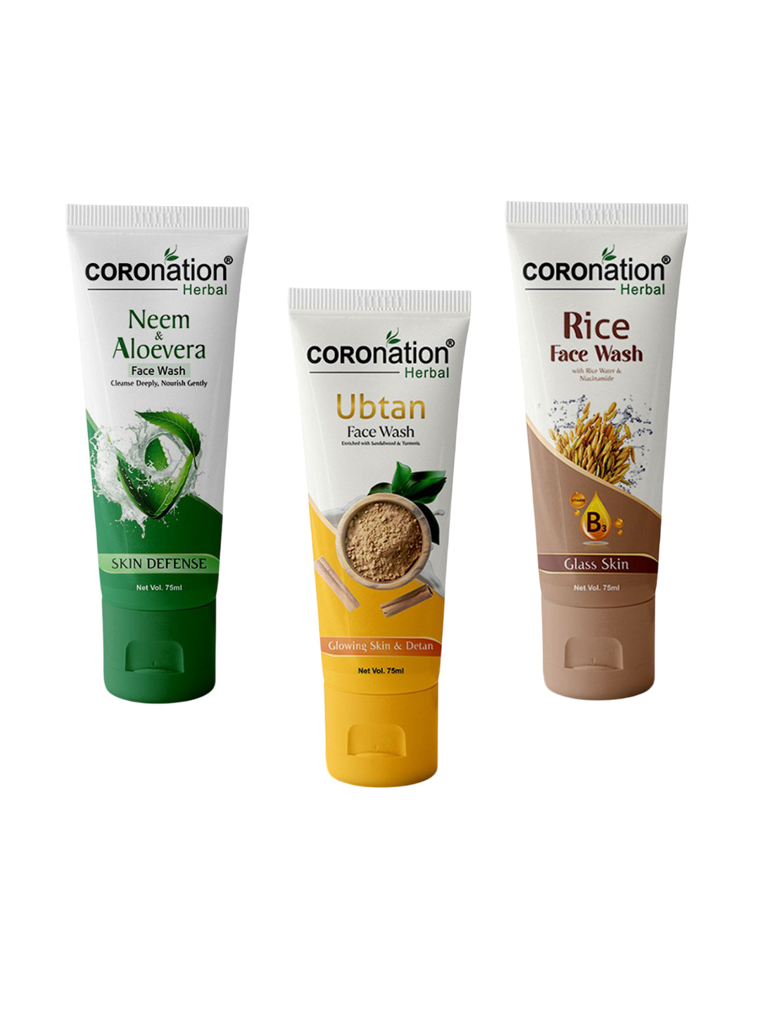 COROnation Herbal Set Of 3 Neem With Aloevera Ubtan & Rice Water Face Wash - 75 ml Each