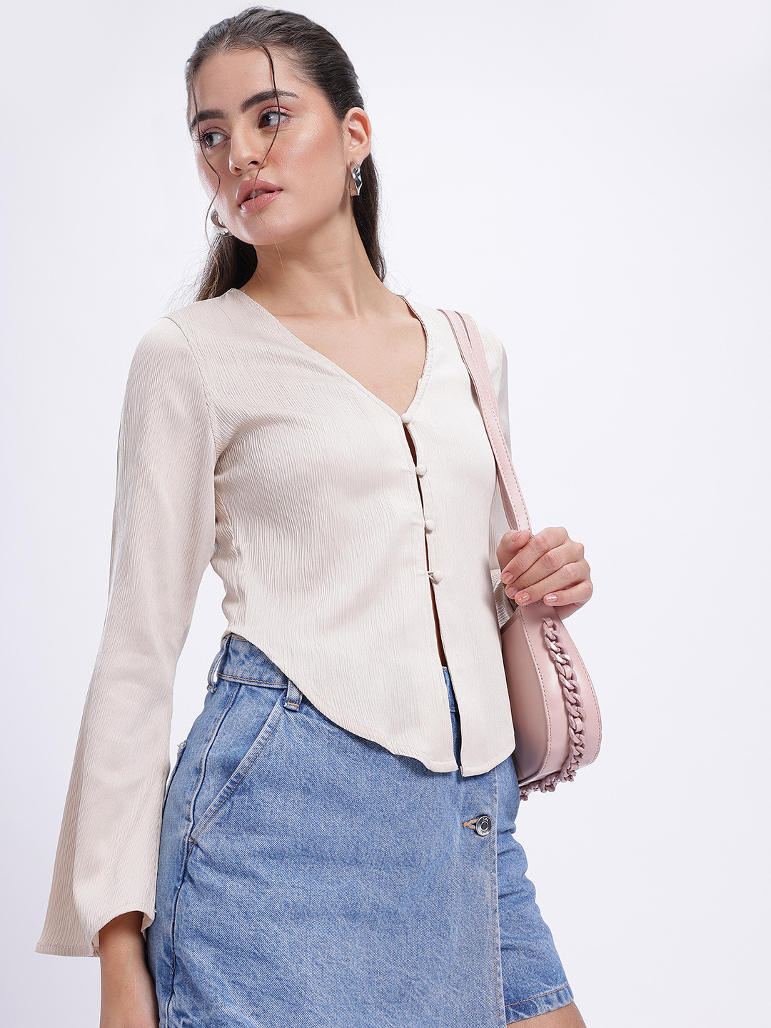 glitchez Plisse Asymmetric Hem Satin Button-Up Top