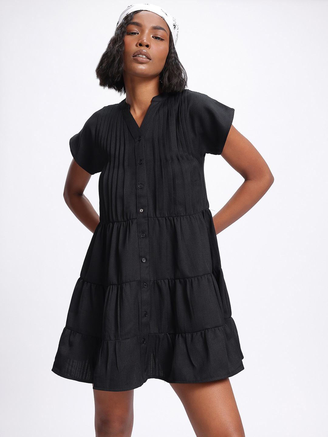 glitchez Casual Mandarin Collar Smcoked Extended Sleeves Mini Dress