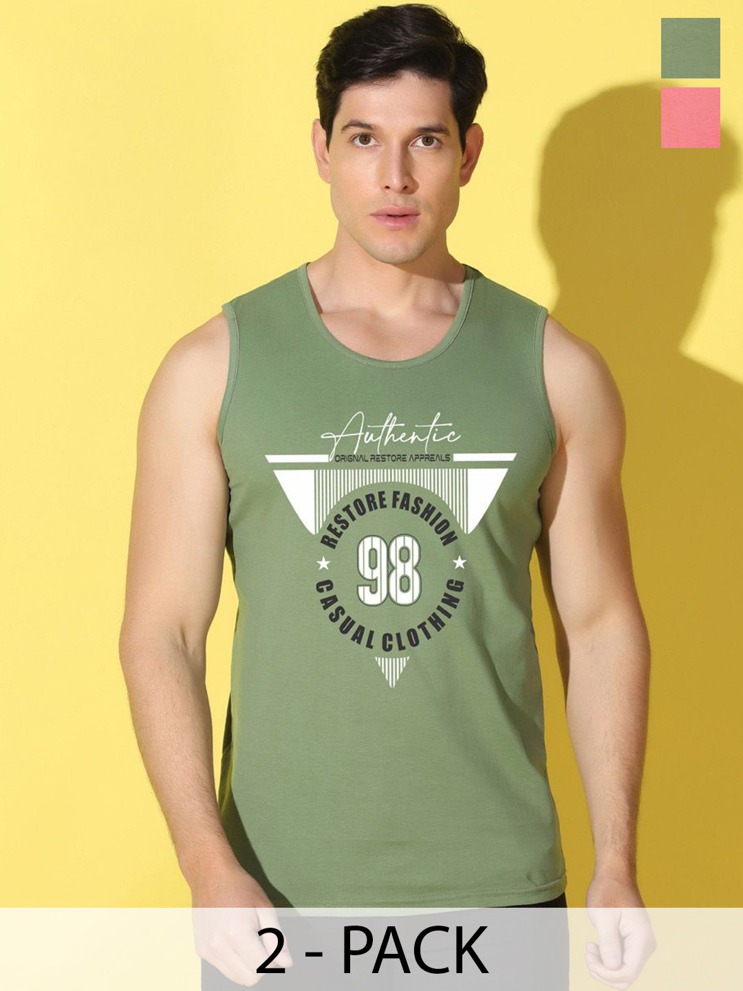 WOOSTRO Pack Of 2 Printed Ultra-Soft Gym Vests VWS26(98 LGTGREEN)(HARD PEACH)