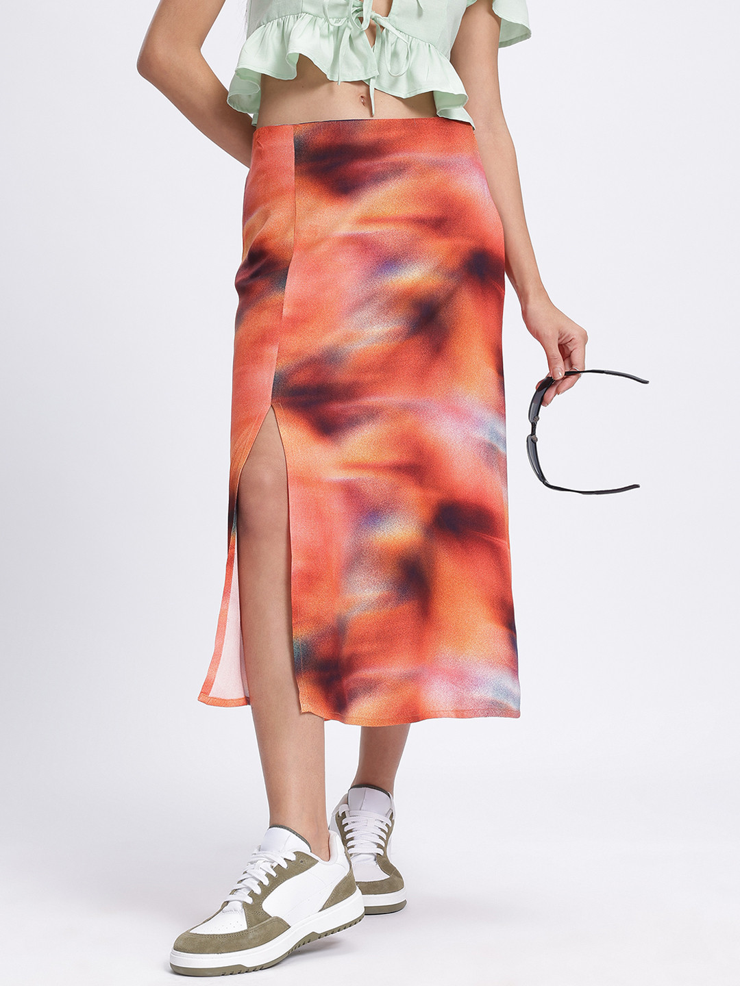 glitchez Print Side Slit Midi Skirt