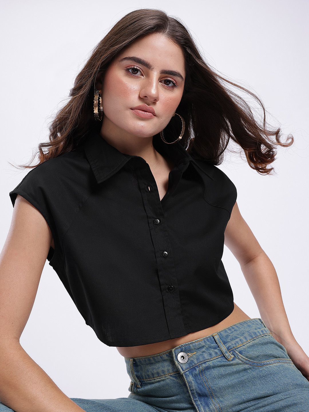 glitchez Monochrome Raglan Sleeves Crop Regular Fit Shirt