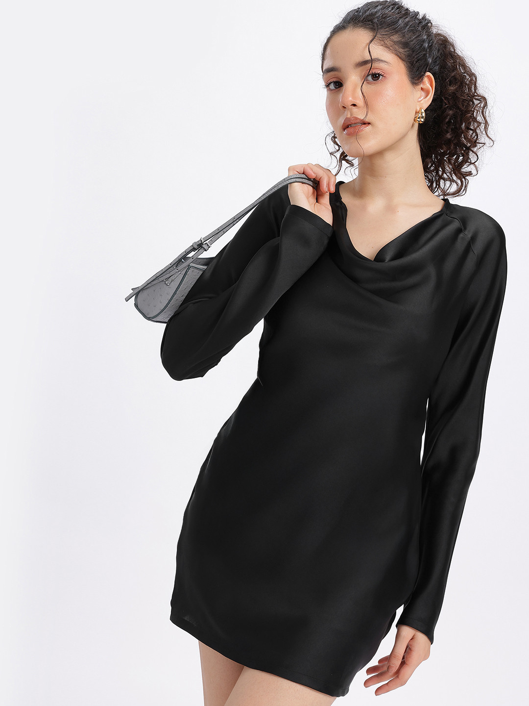 glitchez Satin Cowl Neck Party Mini Shift Dress