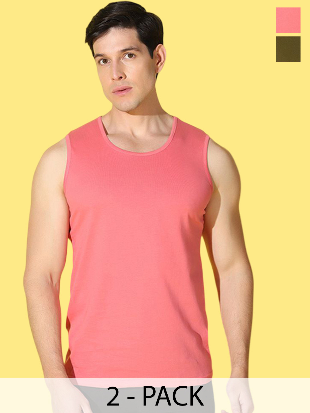 WOOSTRO Pack Of 2 Scoop Neck Ultra-Soft Gym Vests VWS26(MORE OLIVE)(PLAIN PEACH)