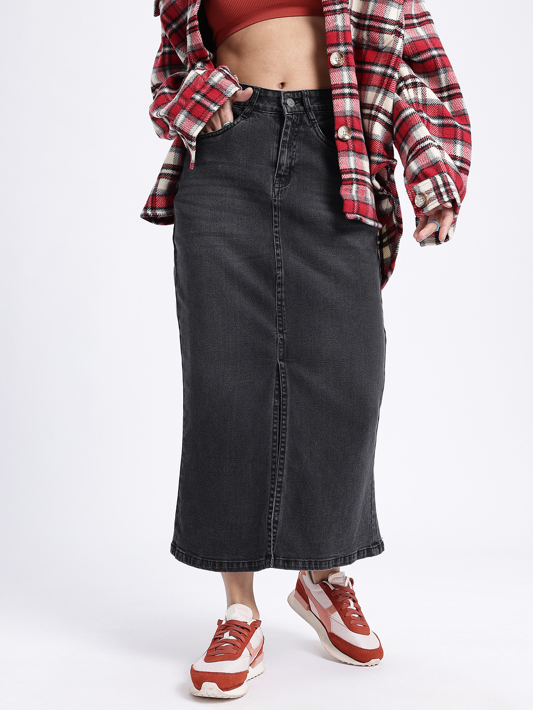 glitchez Front Slit Midi Denim Skirt