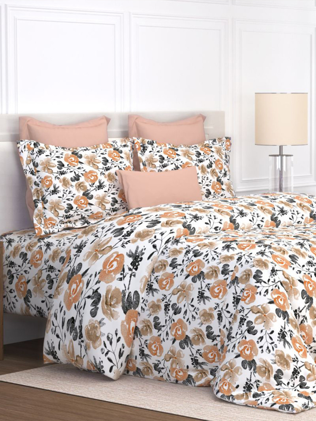 LABHAM Orange Floral Cotton 180 TC King Fine Bedsheet with 2 Pillow Covers-108 x 108 inches