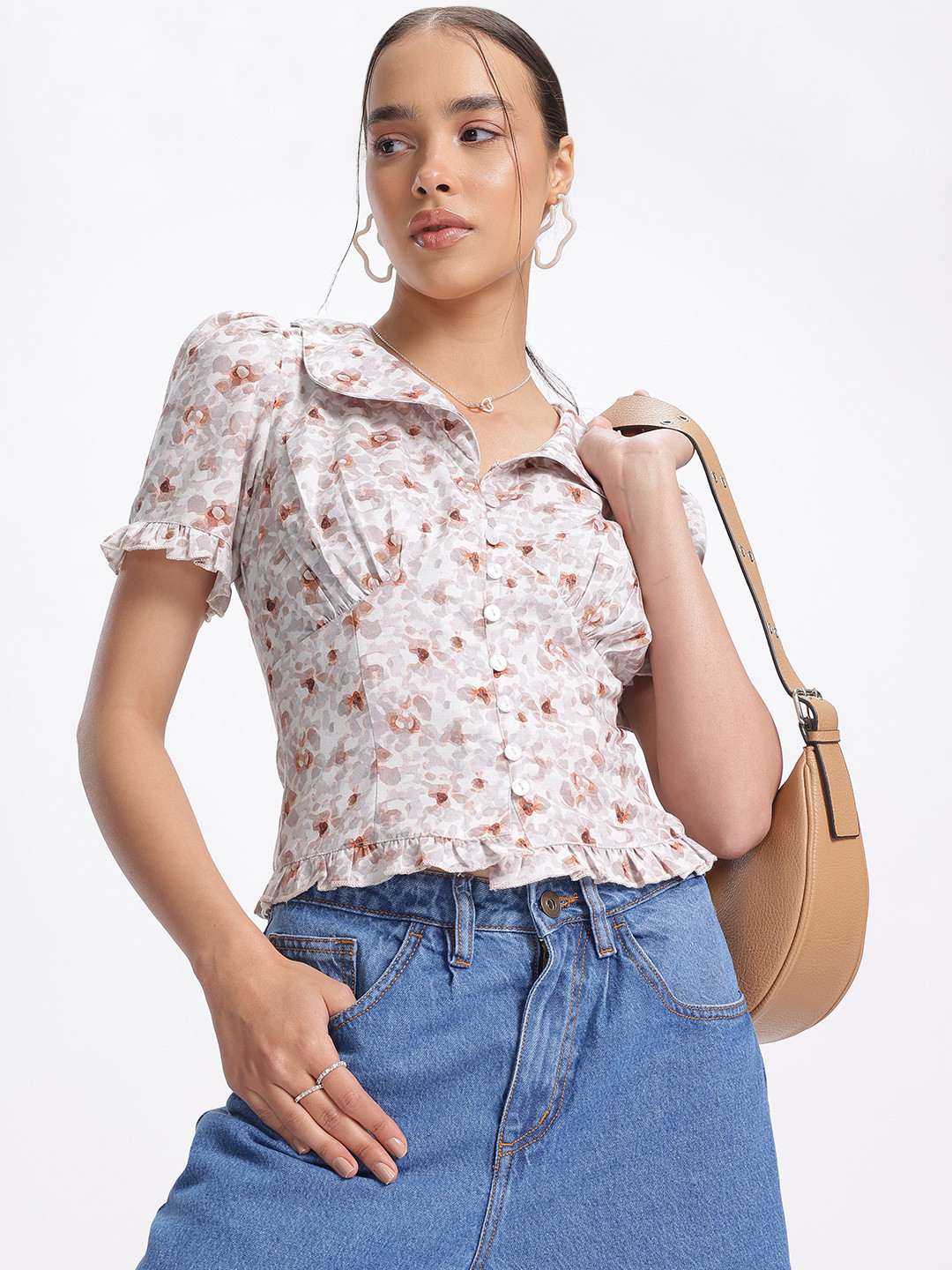 glitchez Abstract Prints Gathered Detail Puff Sleeves Shirt Style Top with Ruffles