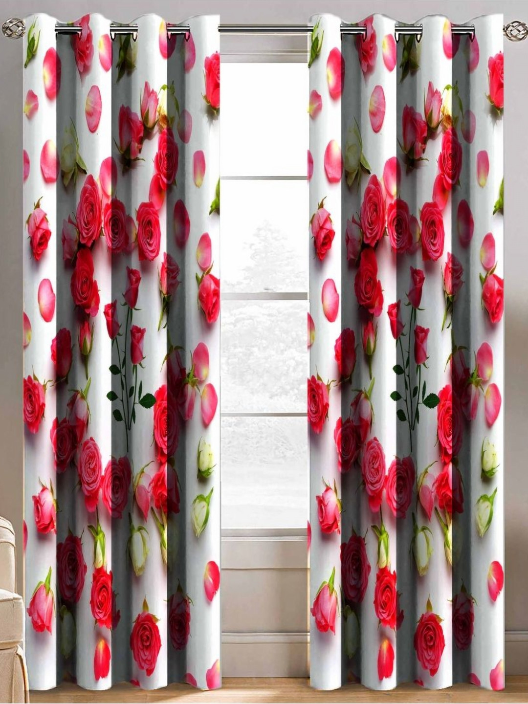 Aura White & Pink 2 Pieces Floral Printed Door Curtain