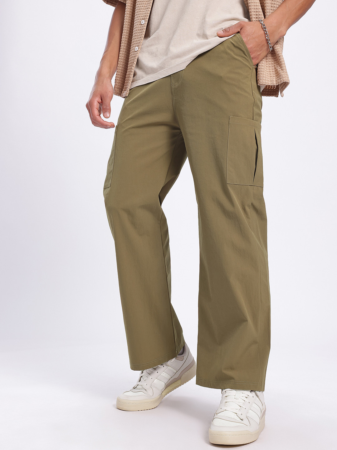 glitchez Men's Olive Parachute Baggy Cargo-Style Trouser