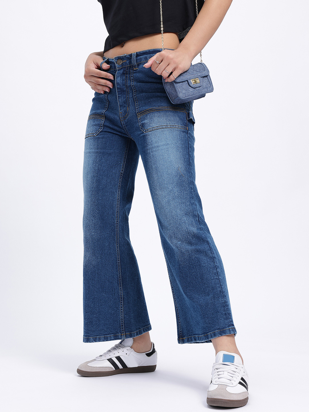 glitchez Women Faded Flared Cropped Jeans