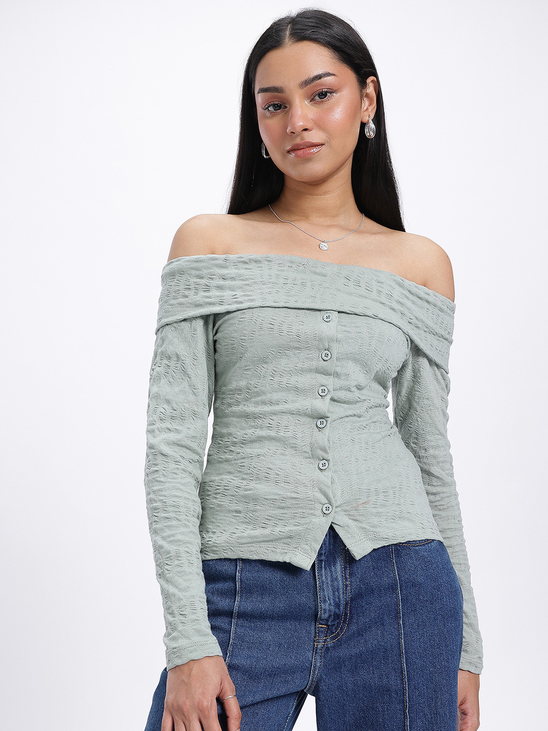 glitchez Off-Shoulder Seersucker Bardot Top