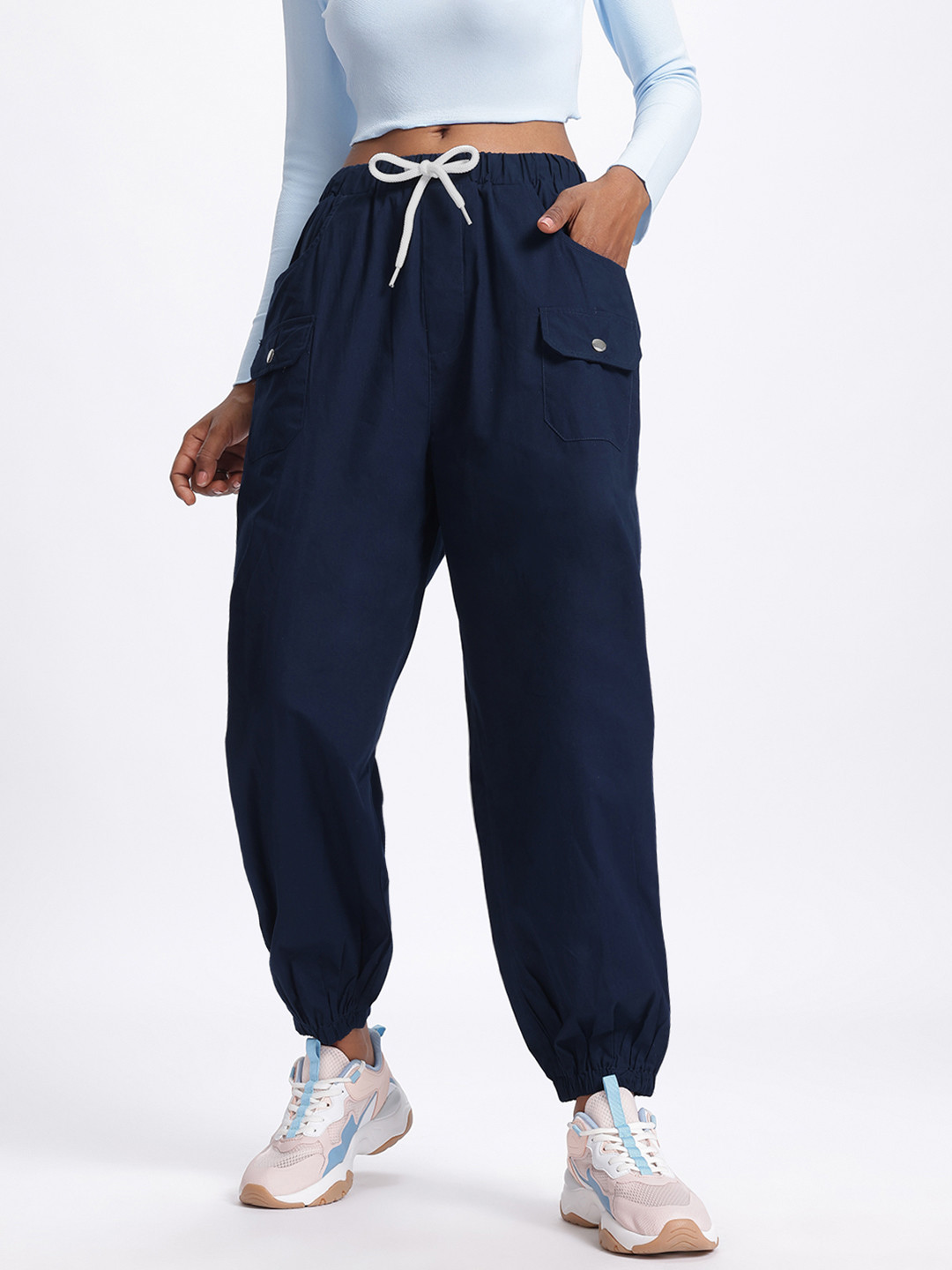 glitchez Women Navy Cargo Joggers with Drawstring