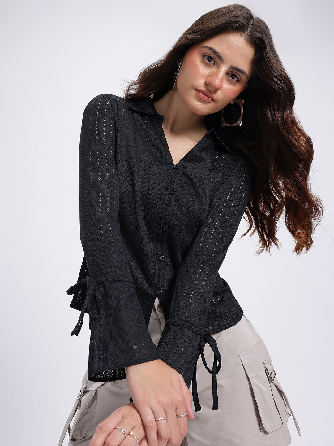 glitchez Sheer Stripes Shirt-Style Top