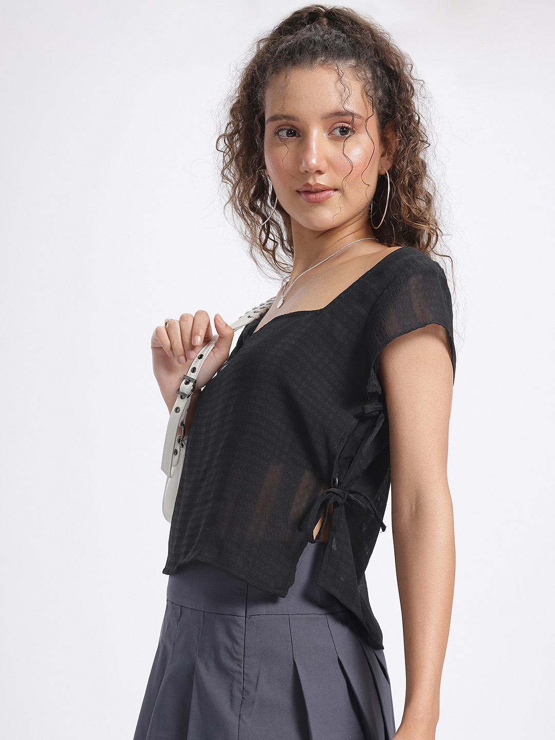 glitchez Sheer Lace-Ups Seersucker Top