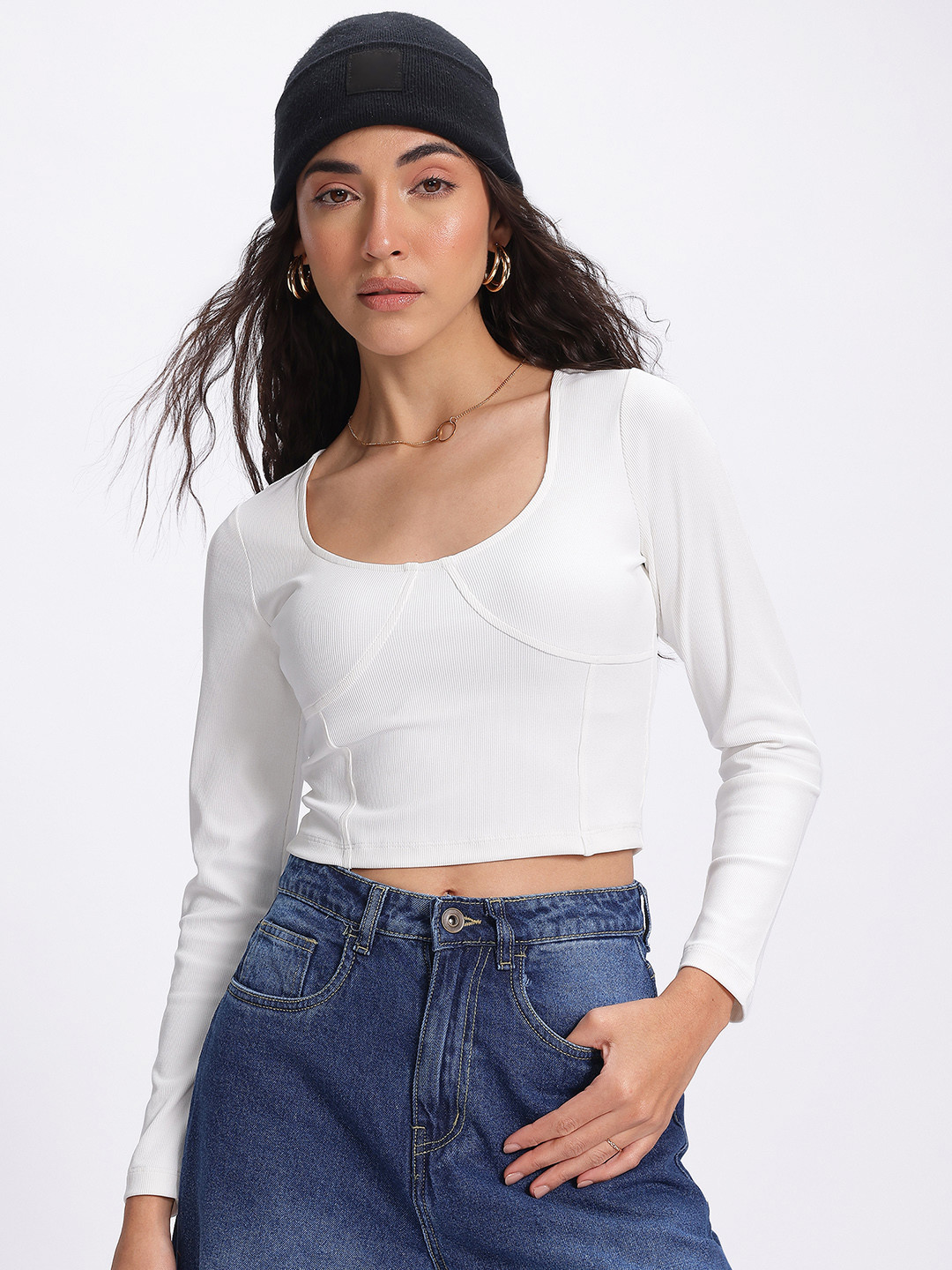 White Scoop Neck Ribbed Crop Top