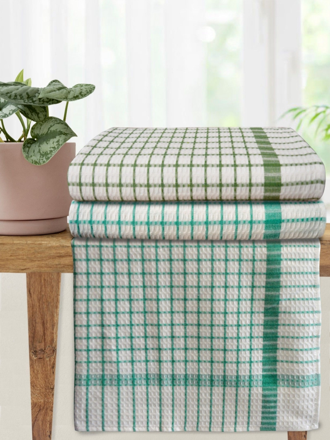 Athom Living Green And Blue 3 Pieces Striped Cotton 210 GSM Bath Towel