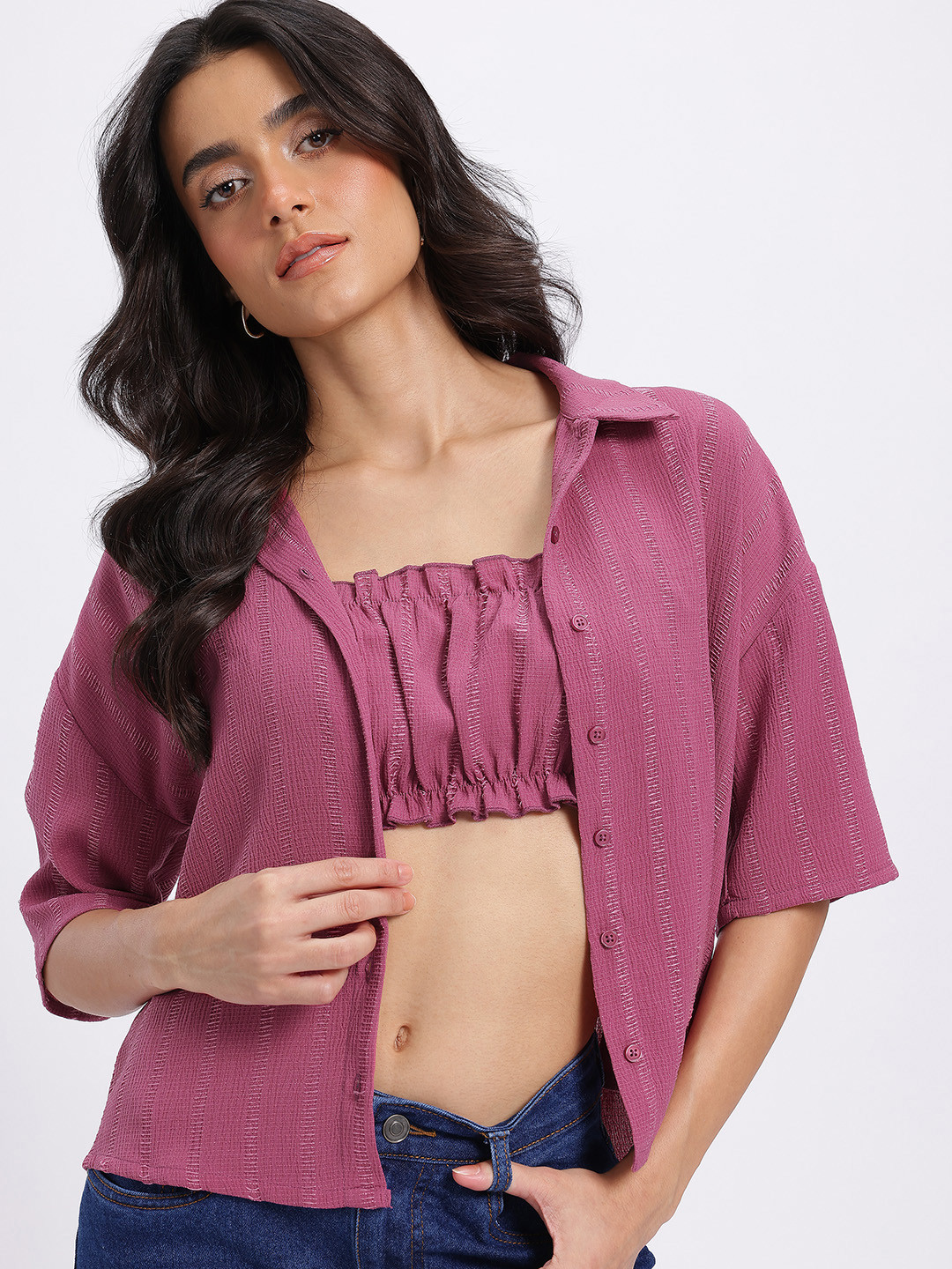 glitchez Self-Striped Ruched Crop Bralette Top & Shirt