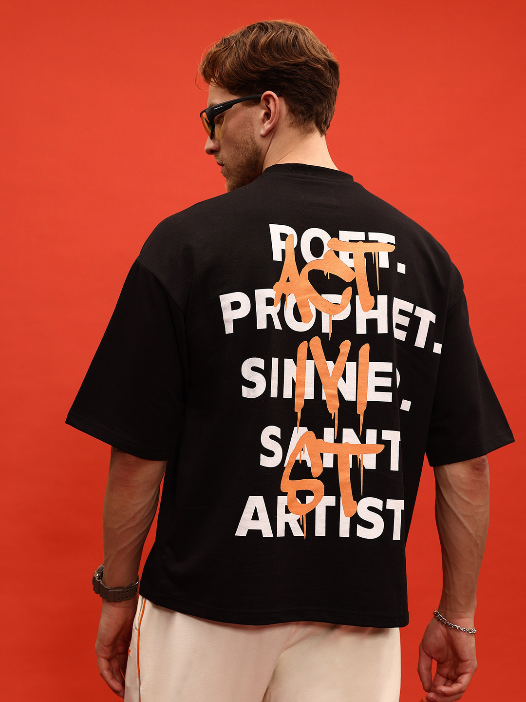 Oversized Typography Black T-shirt with Drop-Shoulder Sleeves