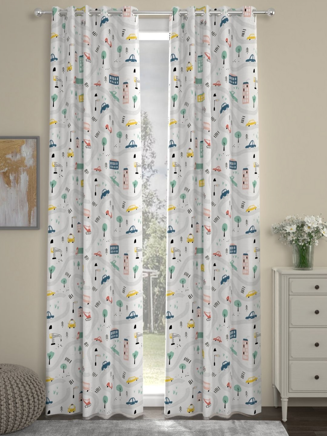 Myntra Elegant Homes White & Green Set of 2 Quirky Door Curtain