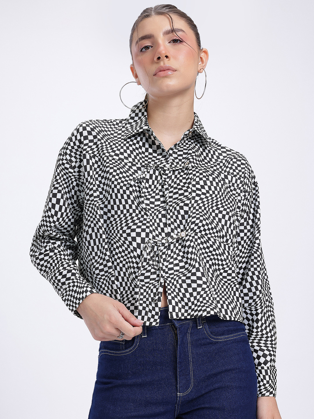 glitchez Monochromatic Geometric Print Drop-Sleeves Relaxed Fit Shirt