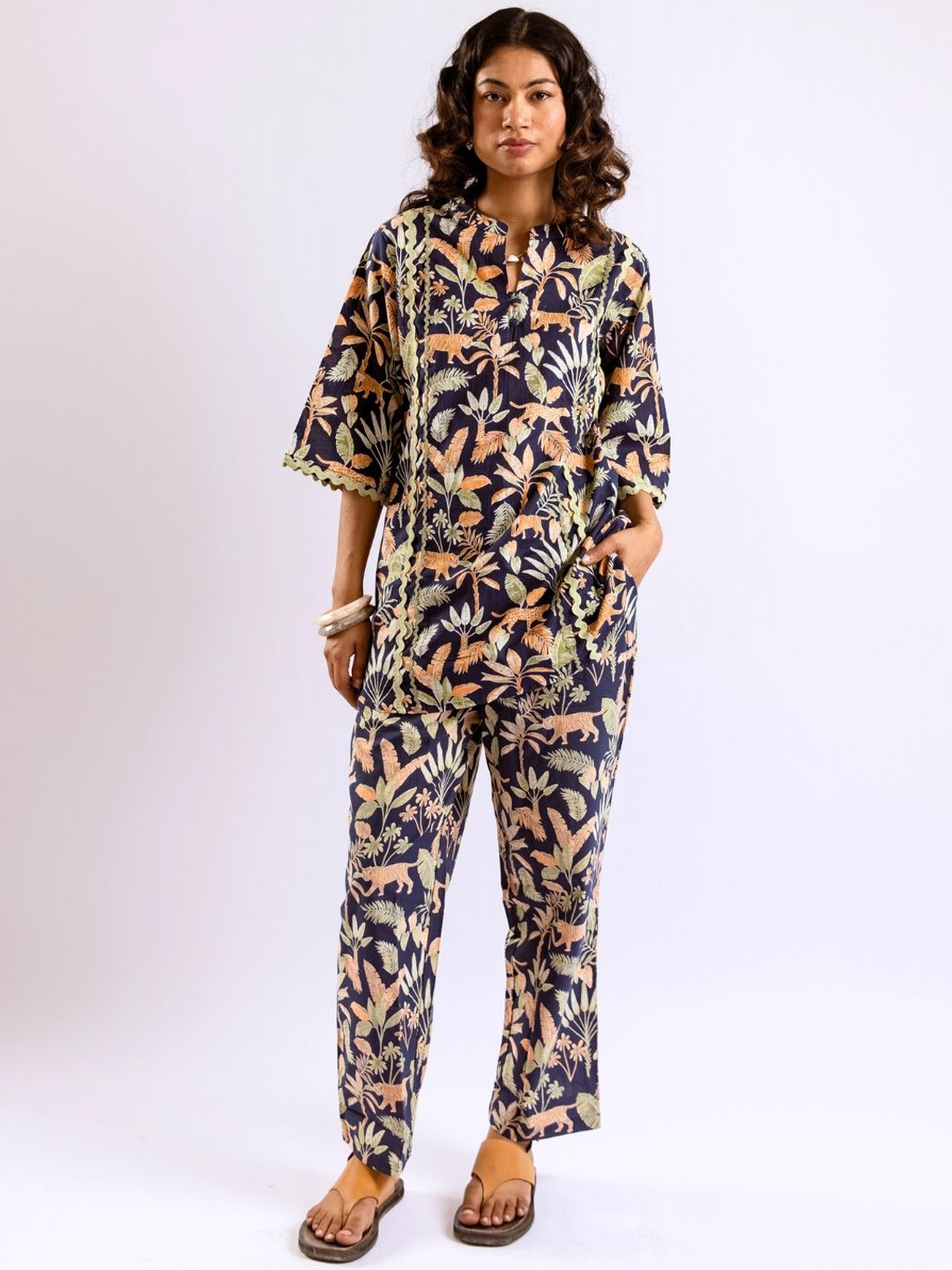 FEATHERS CLOSET Wildlife Printed Lace Cotton Co-Ord Set