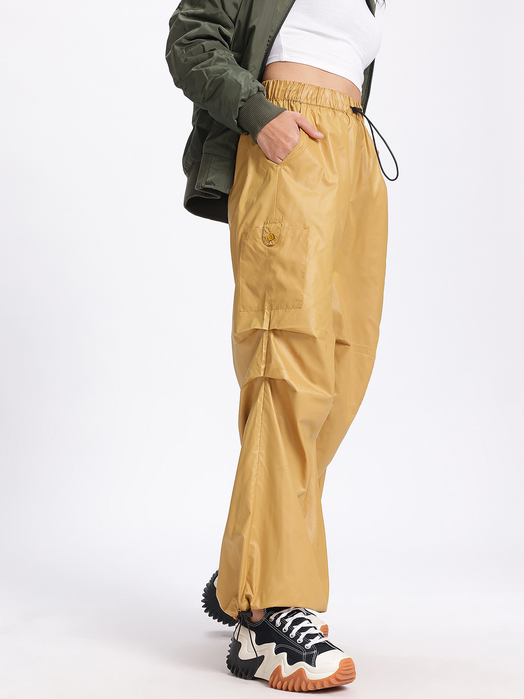Mustard High-Rise Parachute Cargos