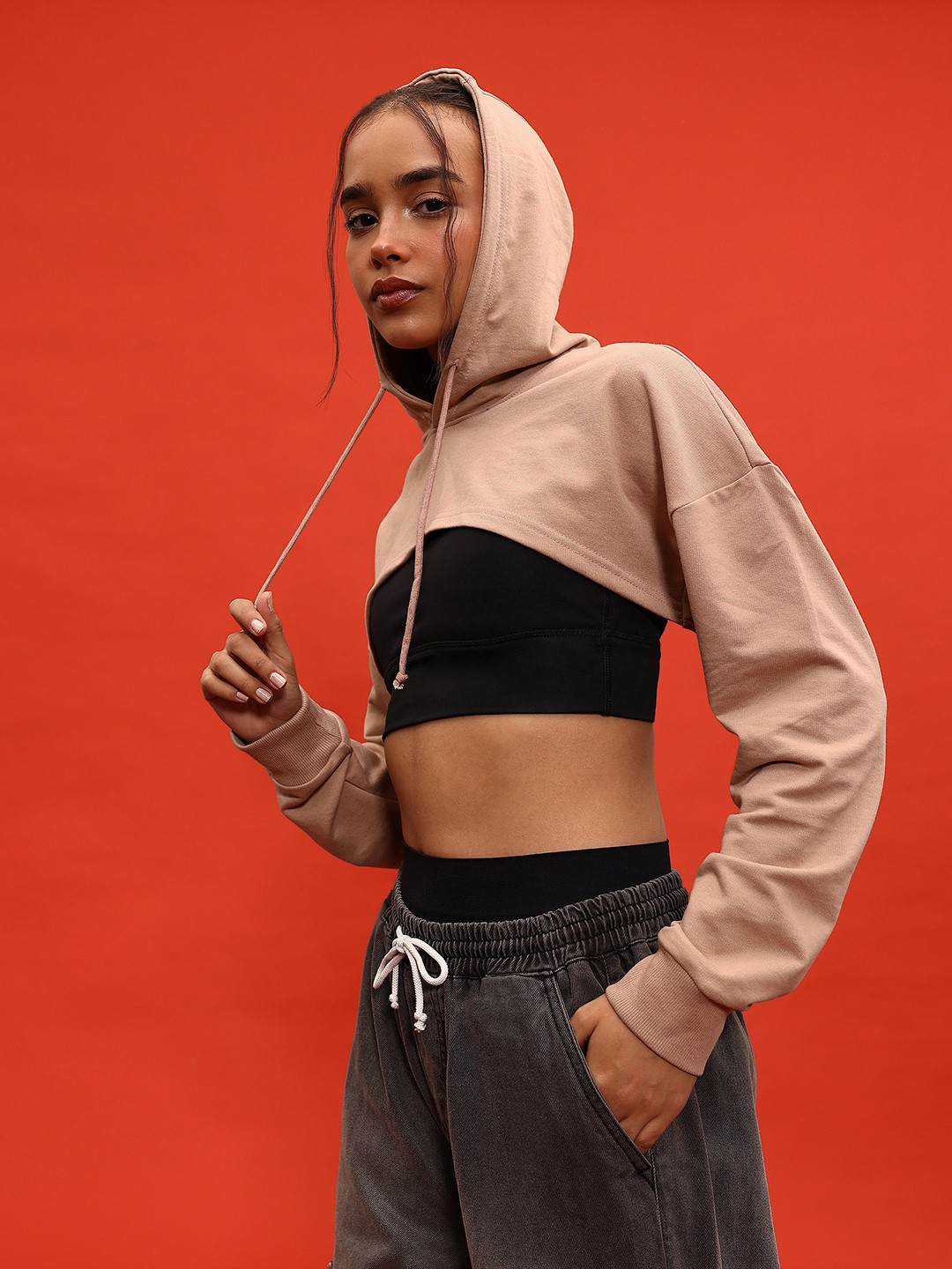 glitchez Mocha Hooded Crop Sweatshirt