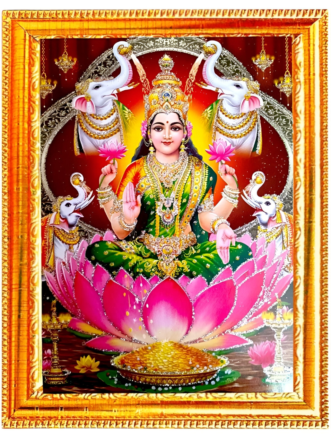 SUNINOW Gold-Toned & Green Laxmi Ganesh Sarsawti Wooden Photo Frame