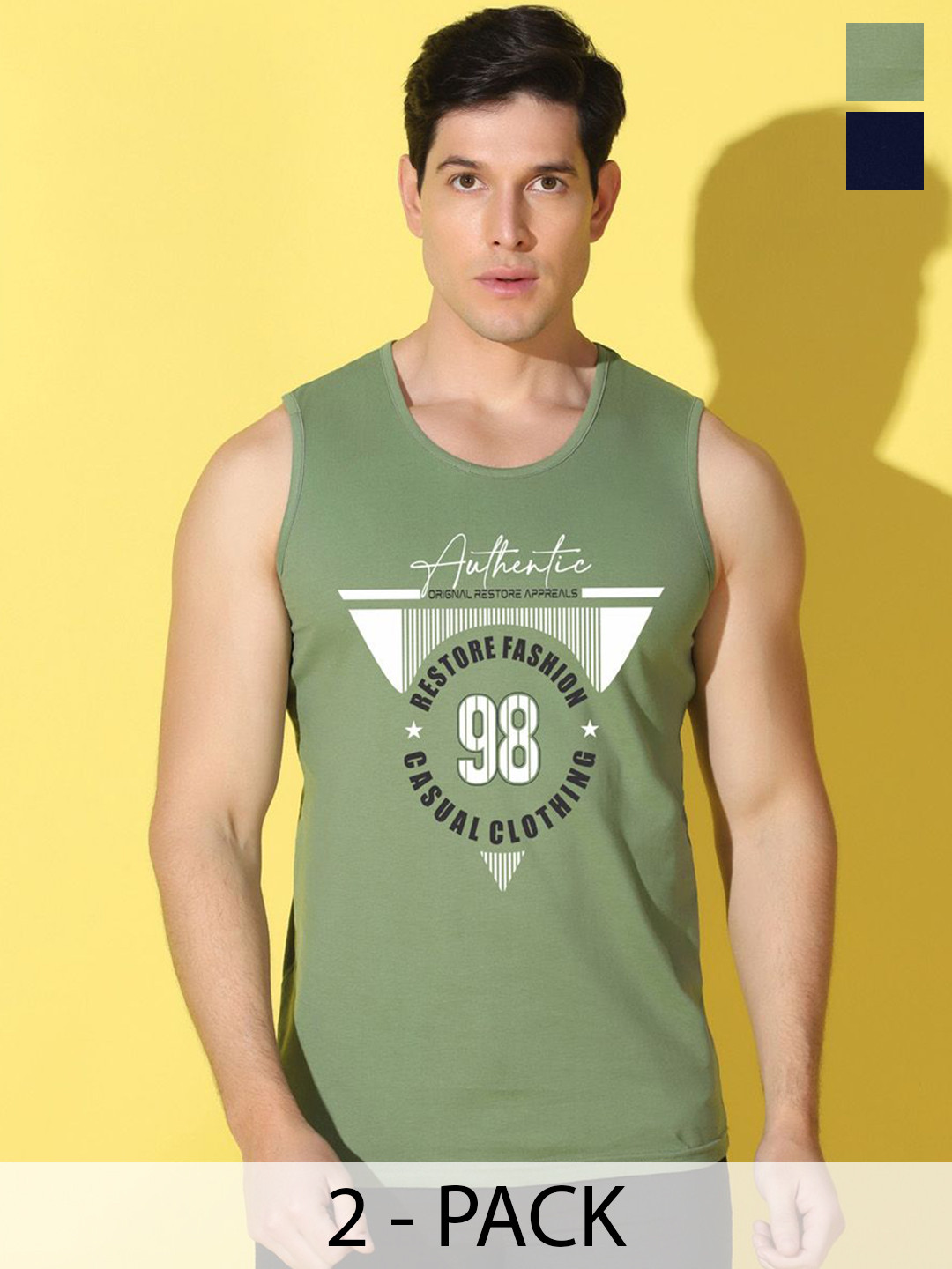 WOOSTRO Pack Of 2 Printed Ultra-Soft Gym Vests VWS26(98 LGTGREEN)(MORE NAVY)