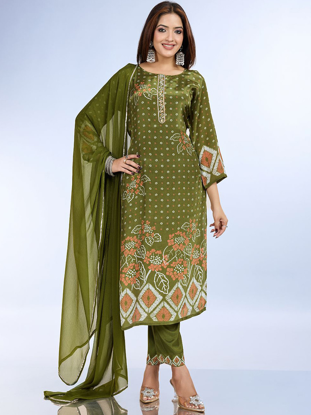 TASRIKA Women Bandhani Printed Regular Kurta with Trousers & With Dupatta